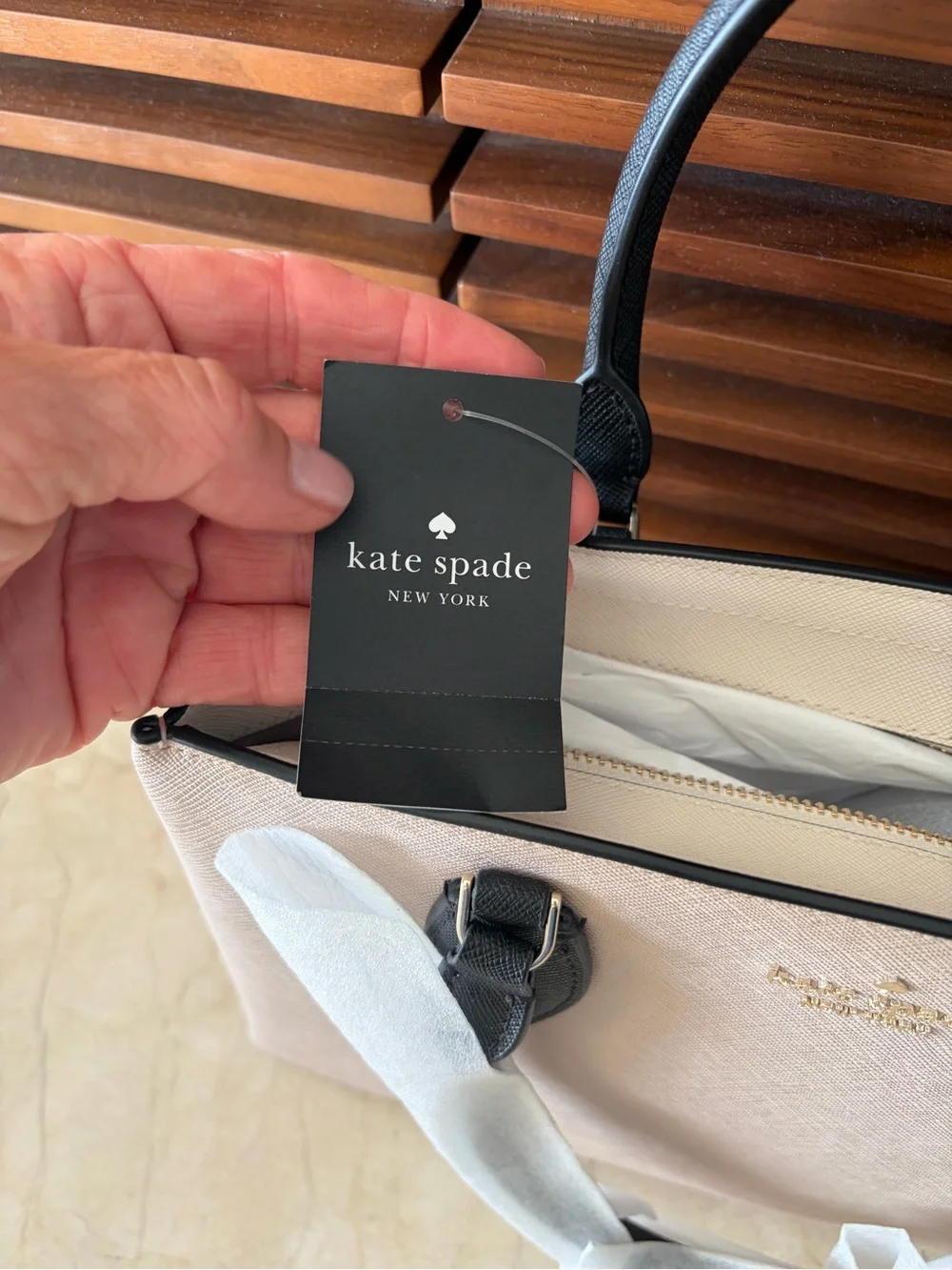 Kate Spade Rae Medium Satchel Warm Beige Black Saffiano NWT KK992